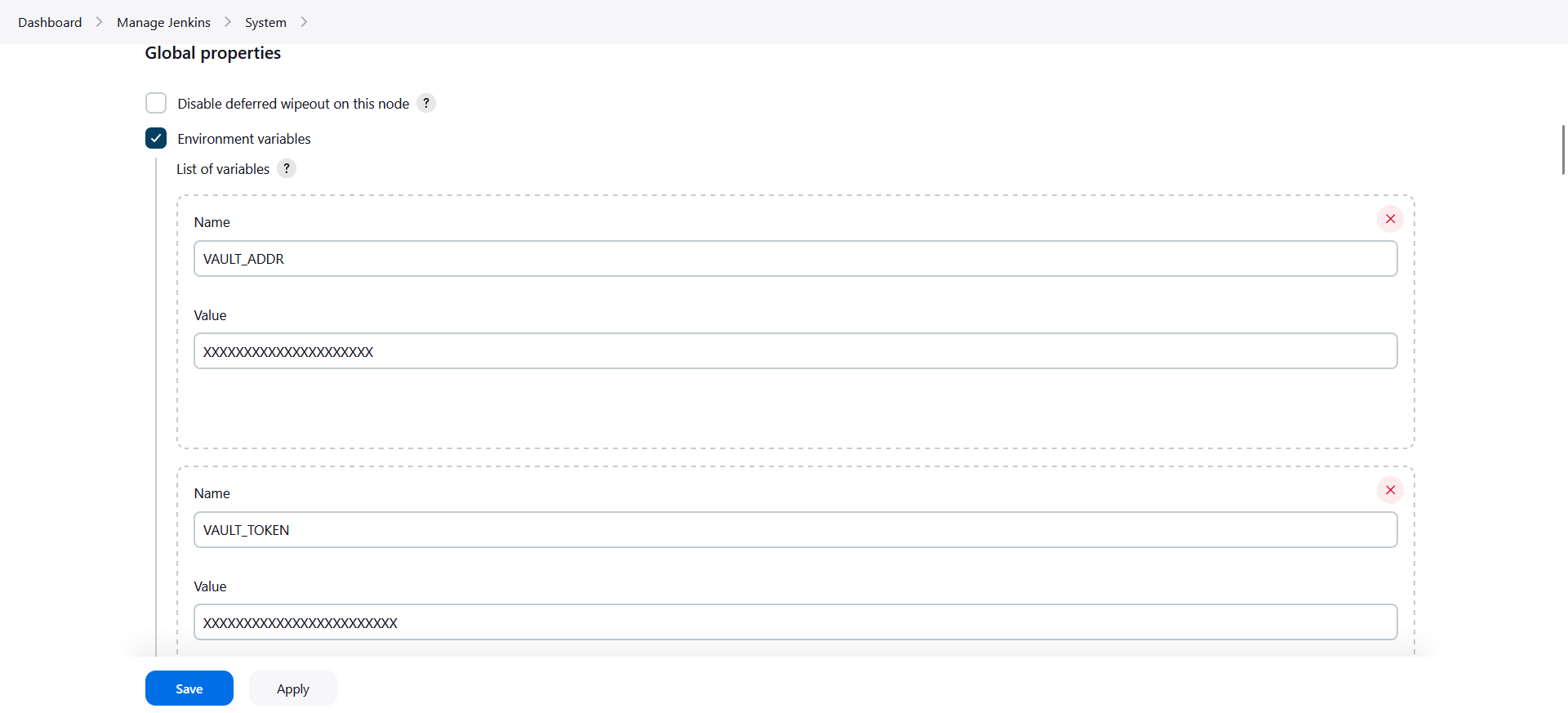 Environment variable configure page